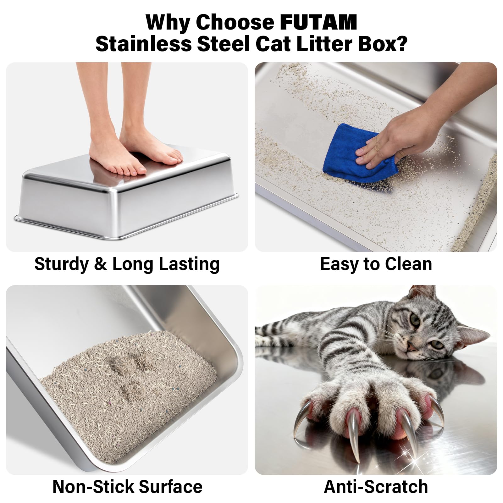FUTAM 2Pack Stainless Steel Litter Box, XL Extra Large Cat Litter
