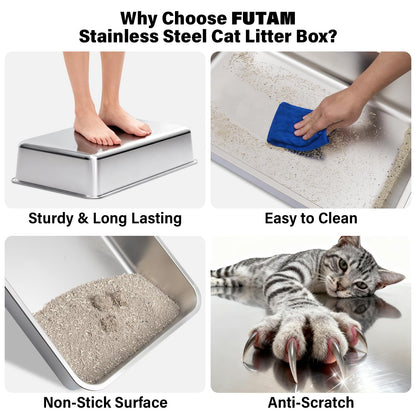 FUTAM 2Pack Stainless Steel Litter Box, XL Extra Large Cat Litter