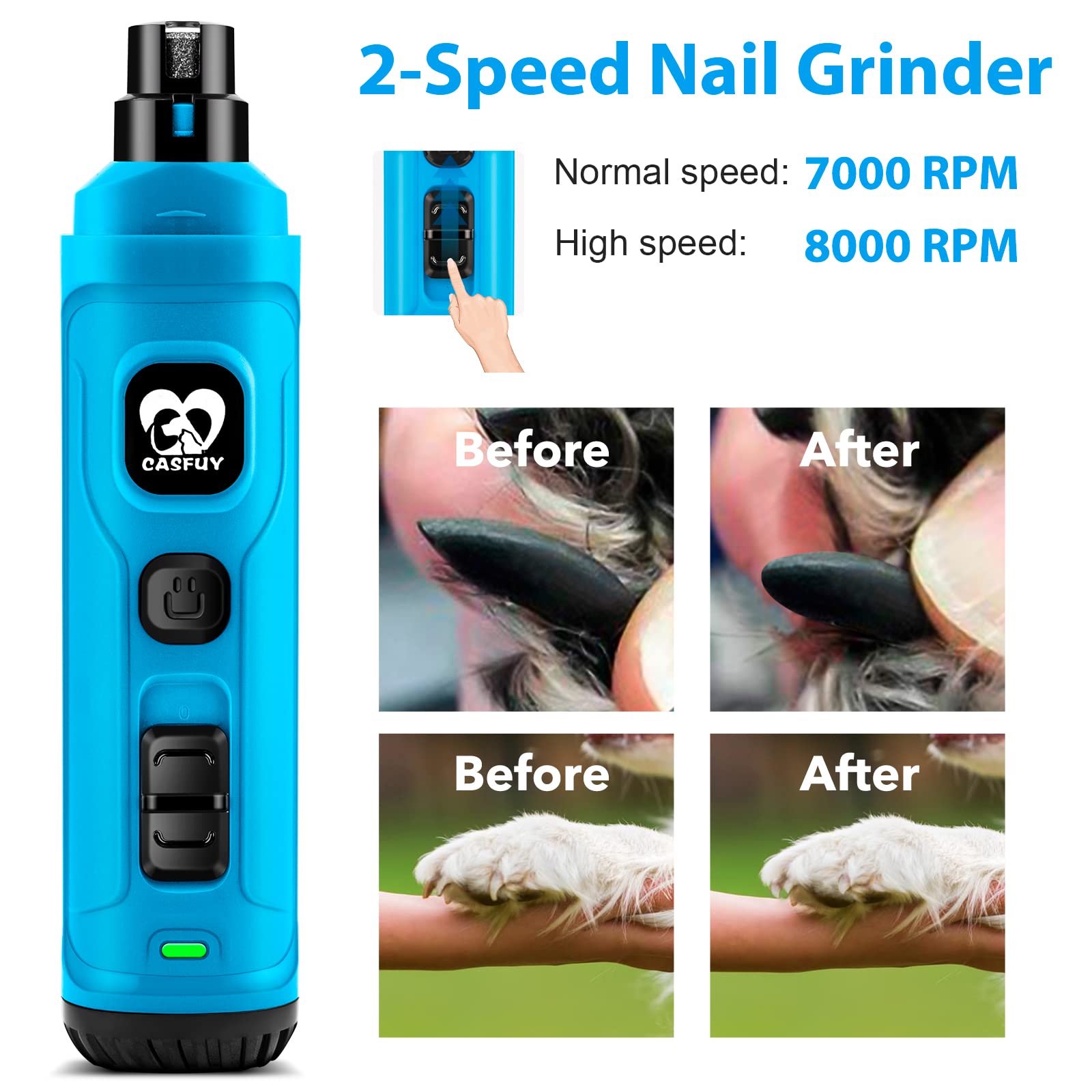 Casfuy Dog Nail Grinder with 2 LED New Version 2-Speed Trimmer