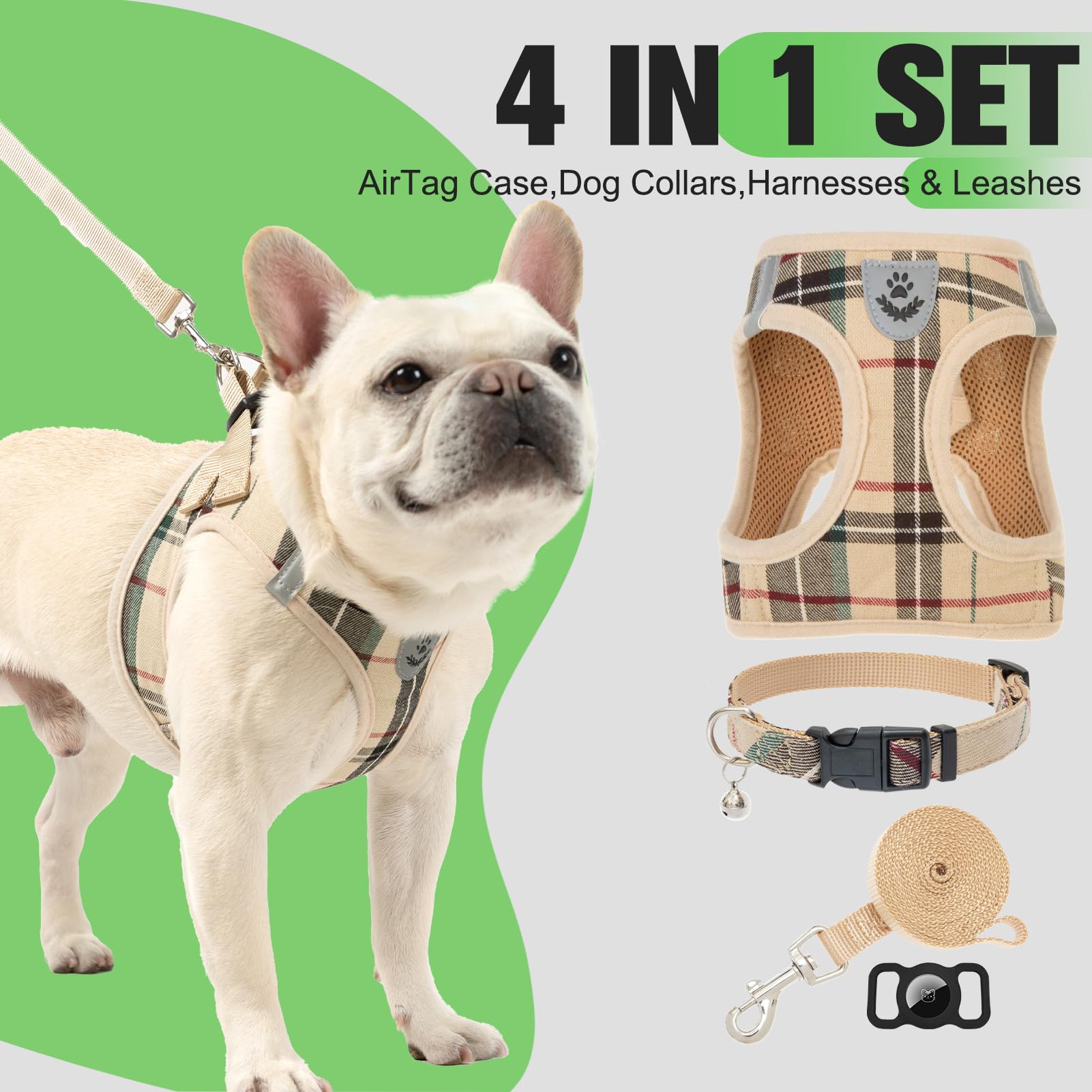 EXPAWLORER Plaid Small Dog Harness and Leash Set with AirTag Collar