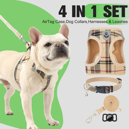 EXPAWLORER Plaid Small Dog Harness and Leash Set with AirTag Collar