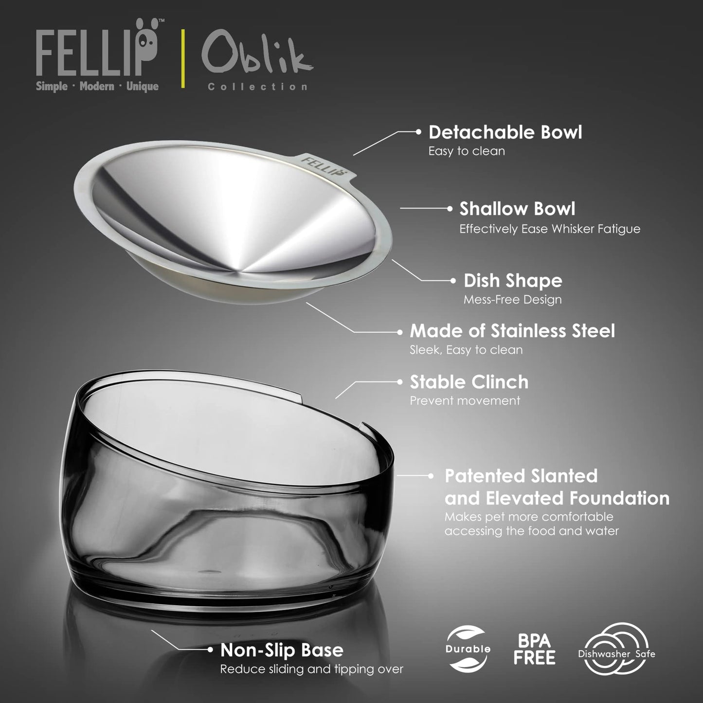 Felli Oblik Elevated Cat Bowl Removable Stainless Steel Wide Dish Bowl