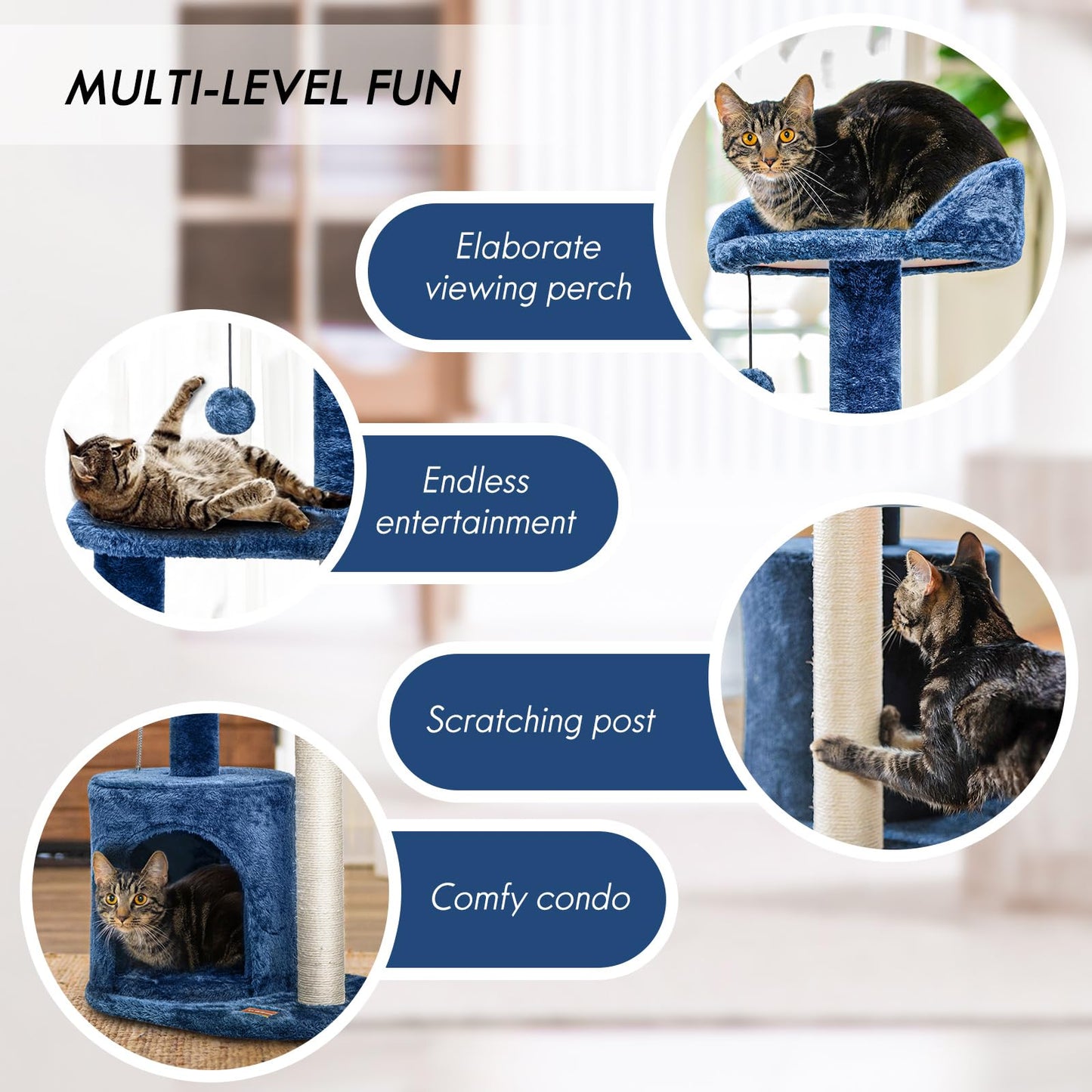 ClevaHome Small Deep Denim Cat Tree for Small Spaces, Kittens, Toy