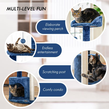 ClevaHome Small Deep Denim Cat Tree for Small Spaces, Kittens, Toy