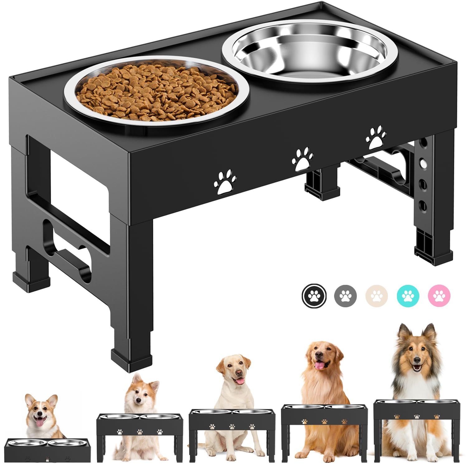 Elevated Dog Bowls with 2 Stainless Steel Bowls, 5-Height Feeder