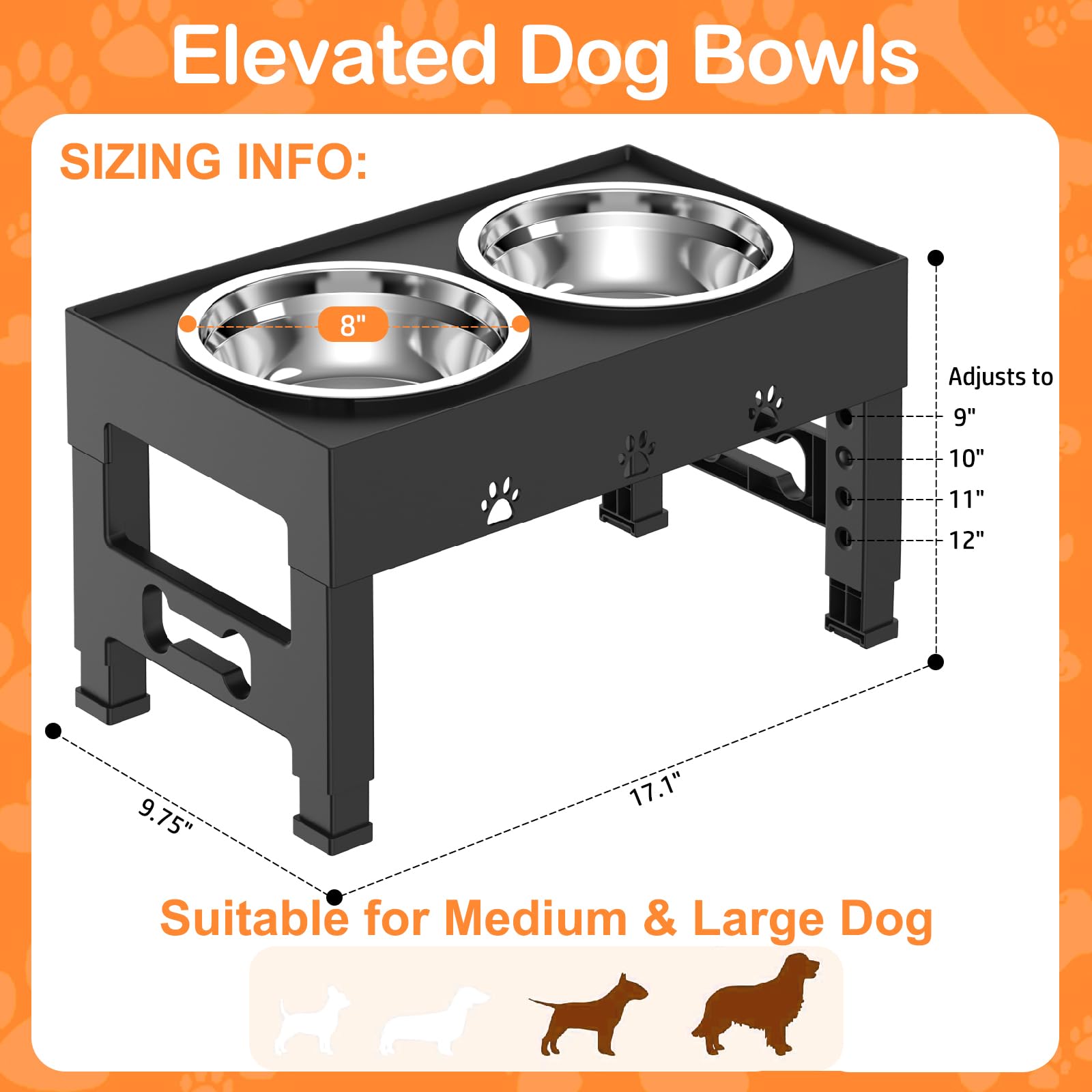 Elevated Dog Bowls with 2 Stainless Steel Bowls, 5-Height Feeder