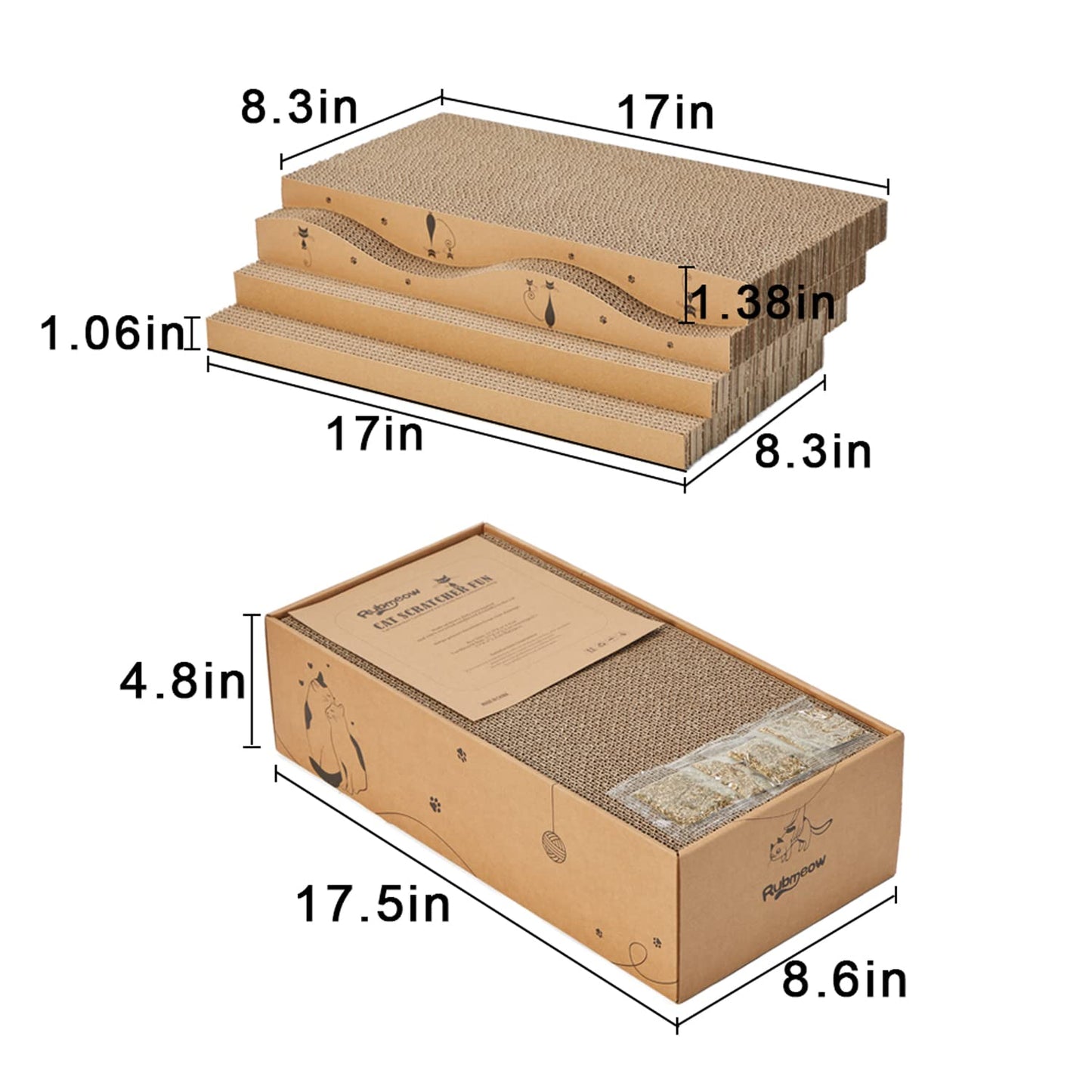 RUBMEOW Cat Scratcher Cardboard Pad Scratch Box,4pcs Scratching Board