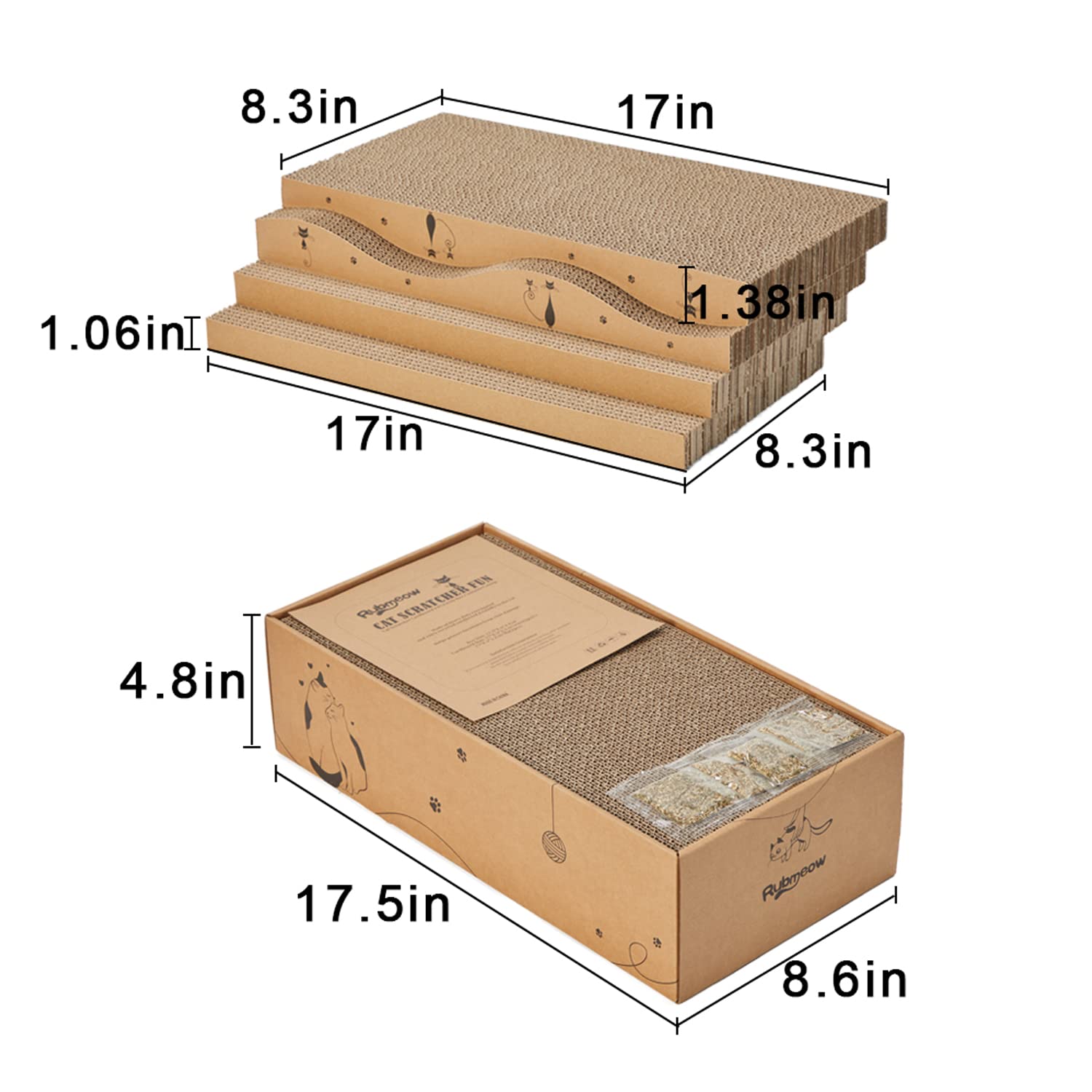 RUBMEOW Cat Scratcher Cardboard Pad Scratch Box,4pcs Scratching Board