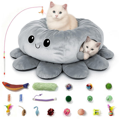 VIEFIN Cat Tunnel Bed for Indoor Cats, Peekaboo Cat Cave Bed with Bed