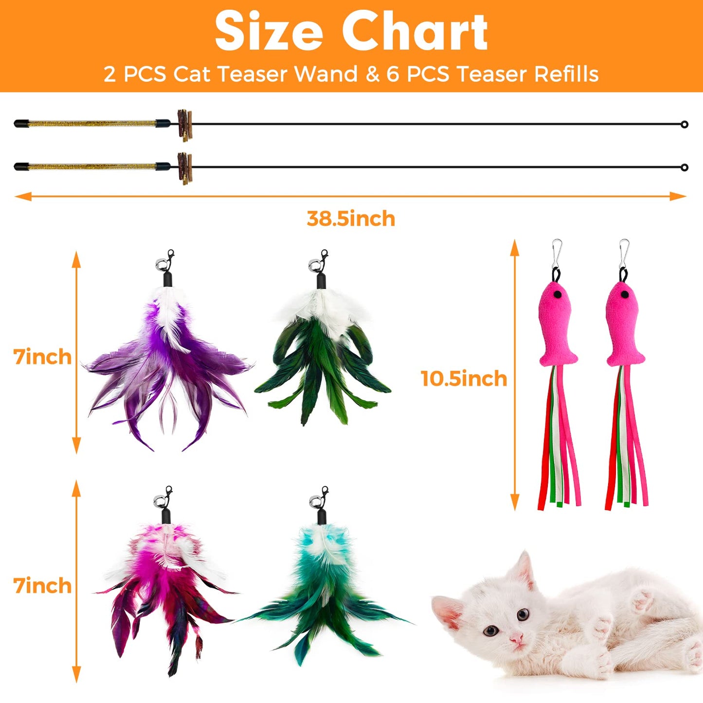 Lepawit Cat Wand Toy, Cat Feather Toys with Silvervine Bells, 2 * Wand