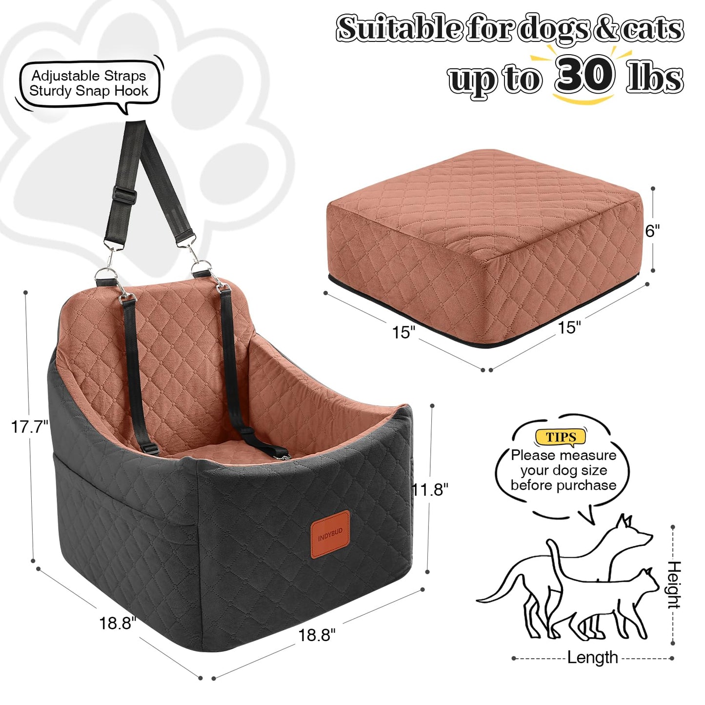 INDYBUD Dog Car Seat for Small/Medium Dogs, Memory Foam Dog Seat