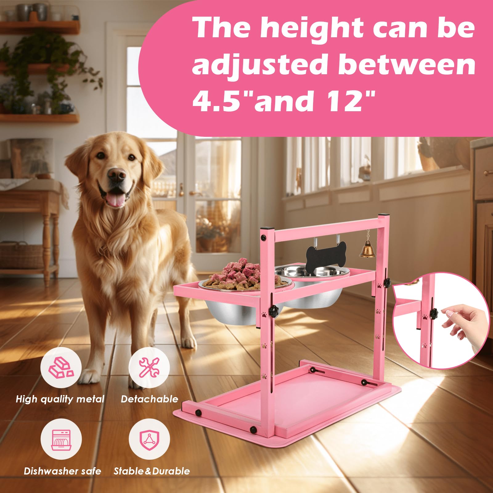 SHAINFUN Elevated Dog Bowl Stand with Two Stainless Steel Food Mat