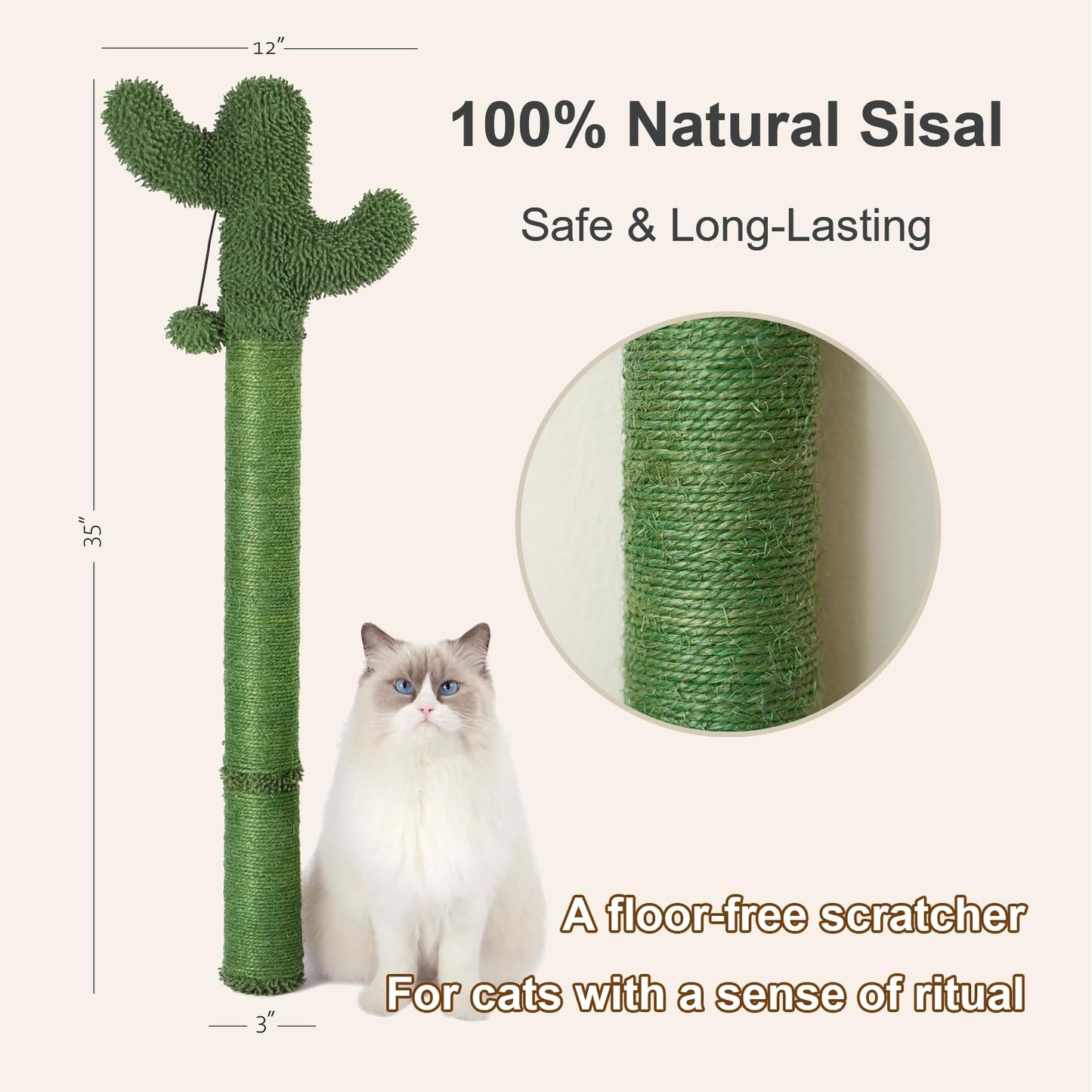 Wall Mounted Cat Scratcher, 35” Extra-Tall Vertical Sisal Ball