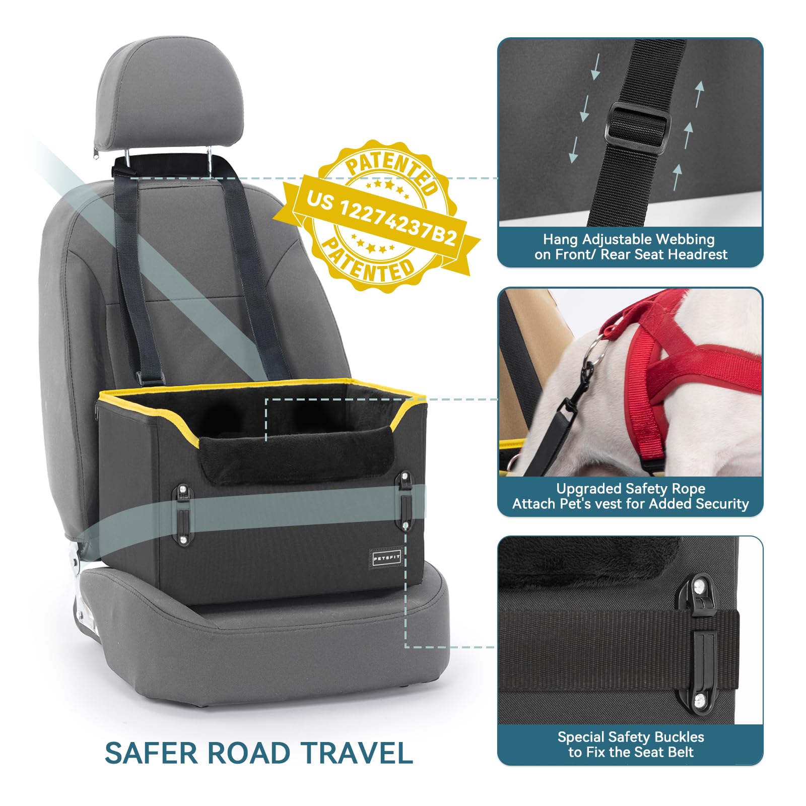 PETSFIT Small Dog Car Seat Patented Safety Buckles Safety Tether Seat