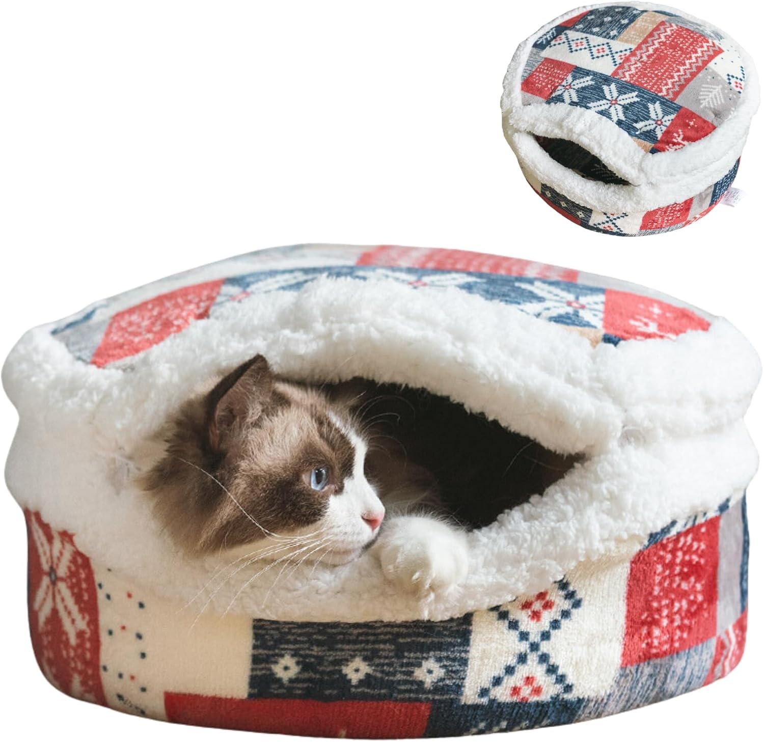 Cat Cave Bed Plush, Warm Calming Hideaway with Detachable Lid Mat