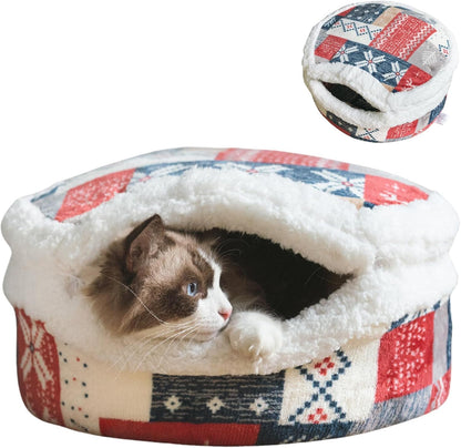 Cat Cave Bed Plush, Warm Calming Hideaway with Detachable Lid Mat
