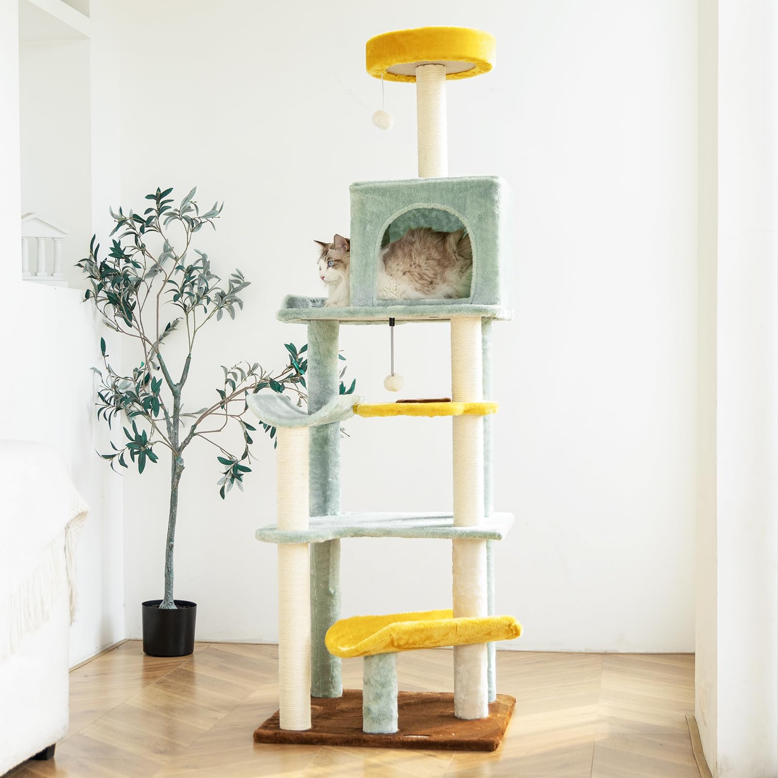HYABi Sunflower Cat Tree Tower Multi-Level Cat Condo with Plush Balls