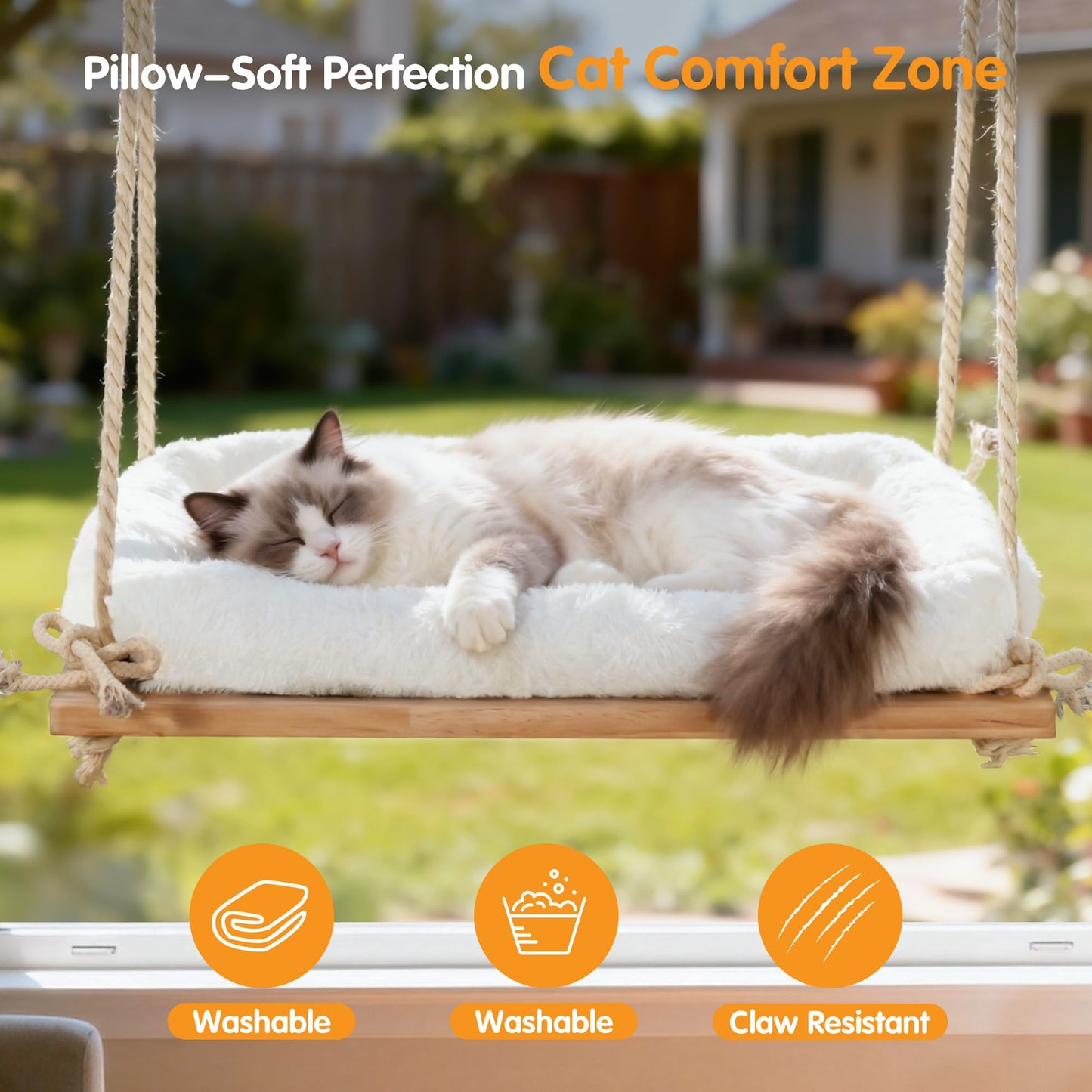 Anywish Cat Window Perch, Rustic Cat Hammock Bed with Solid Wood Bed