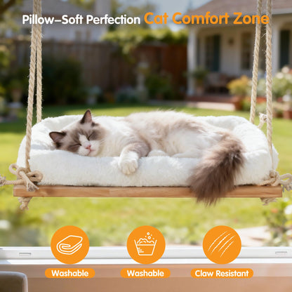 Anywish Cat Window Perch, Rustic Cat Hammock Bed with Solid Wood Bed