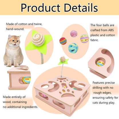 MUCAOL Interactive Wooden Cat Puzzle Toy Box Indoor Hunting Play Toy