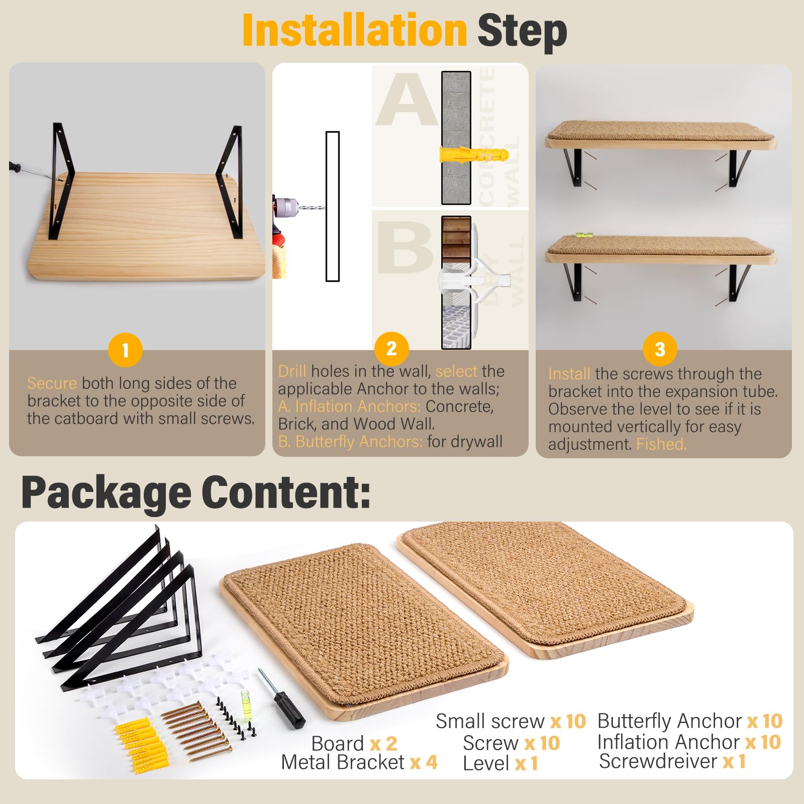 Ewenono 2Pack Wooden Cat Wall Shelves with Sisal Mat, Cat Wall Bed
