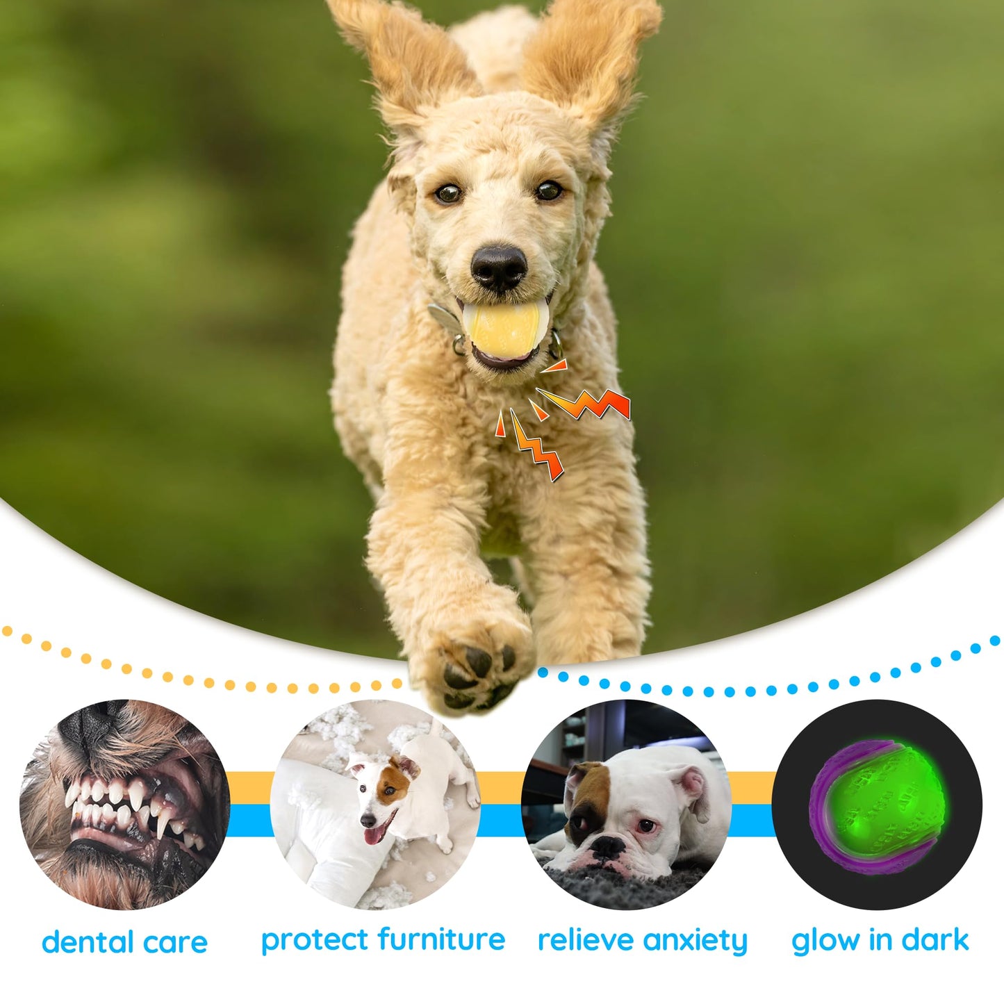 LECHONG Glow Dog Ball, 2.5” Squeaky Dog Toy Ball, Dog Rubber Ball Toys