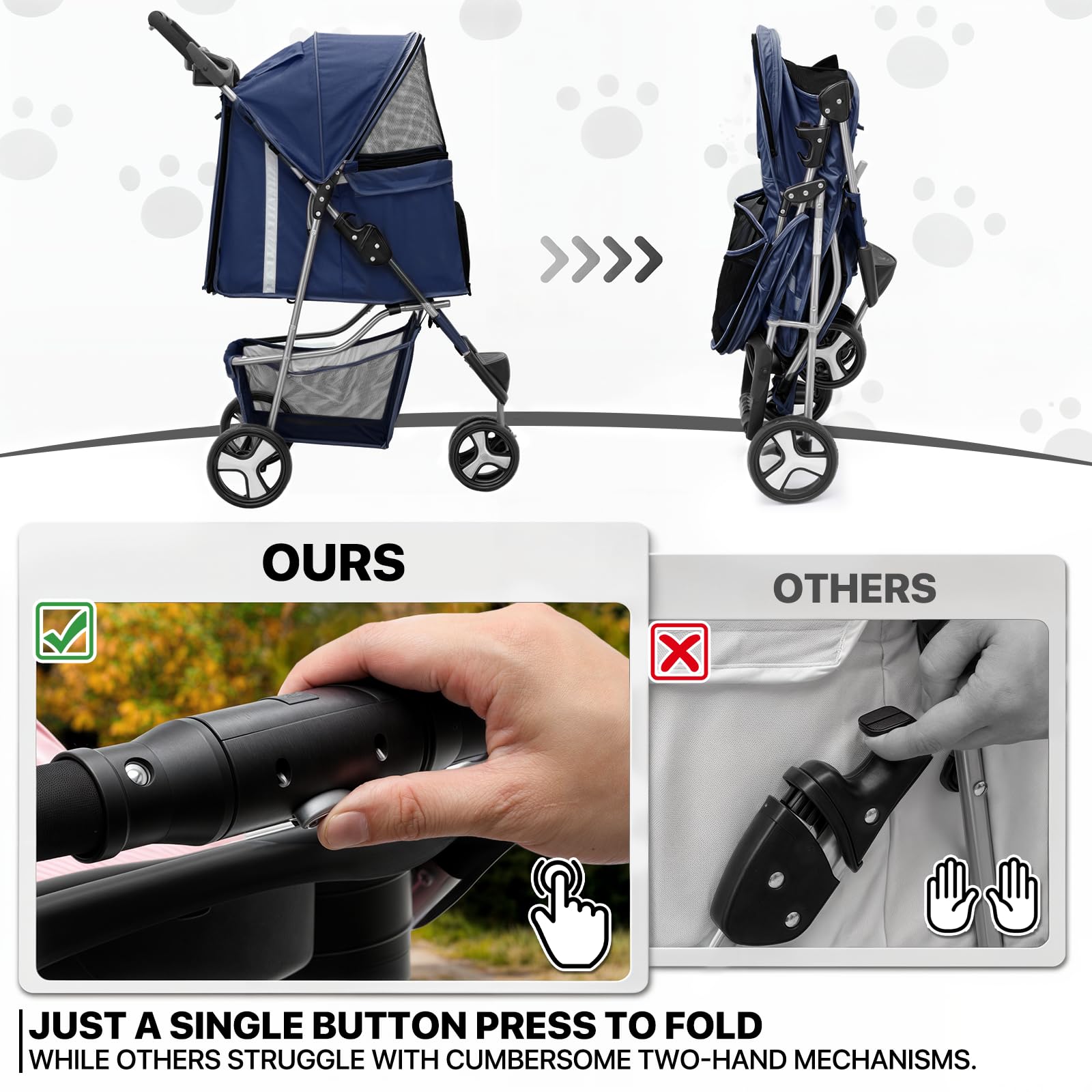 MoNiBloom 3 Wheels Pet Stroller, Foldable Dog Cat Cage Jogger Stroller