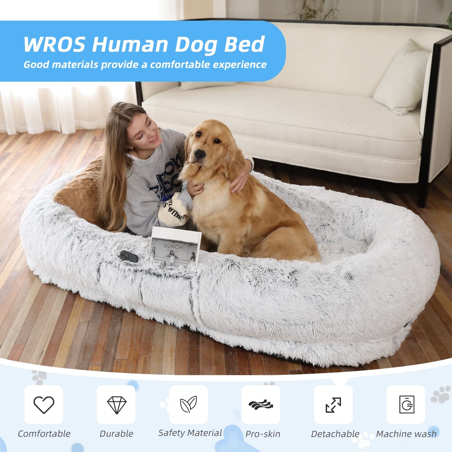 WROS Human Dog Bed x45"x12" Fits You Pets, Washable Faux Fur Bed