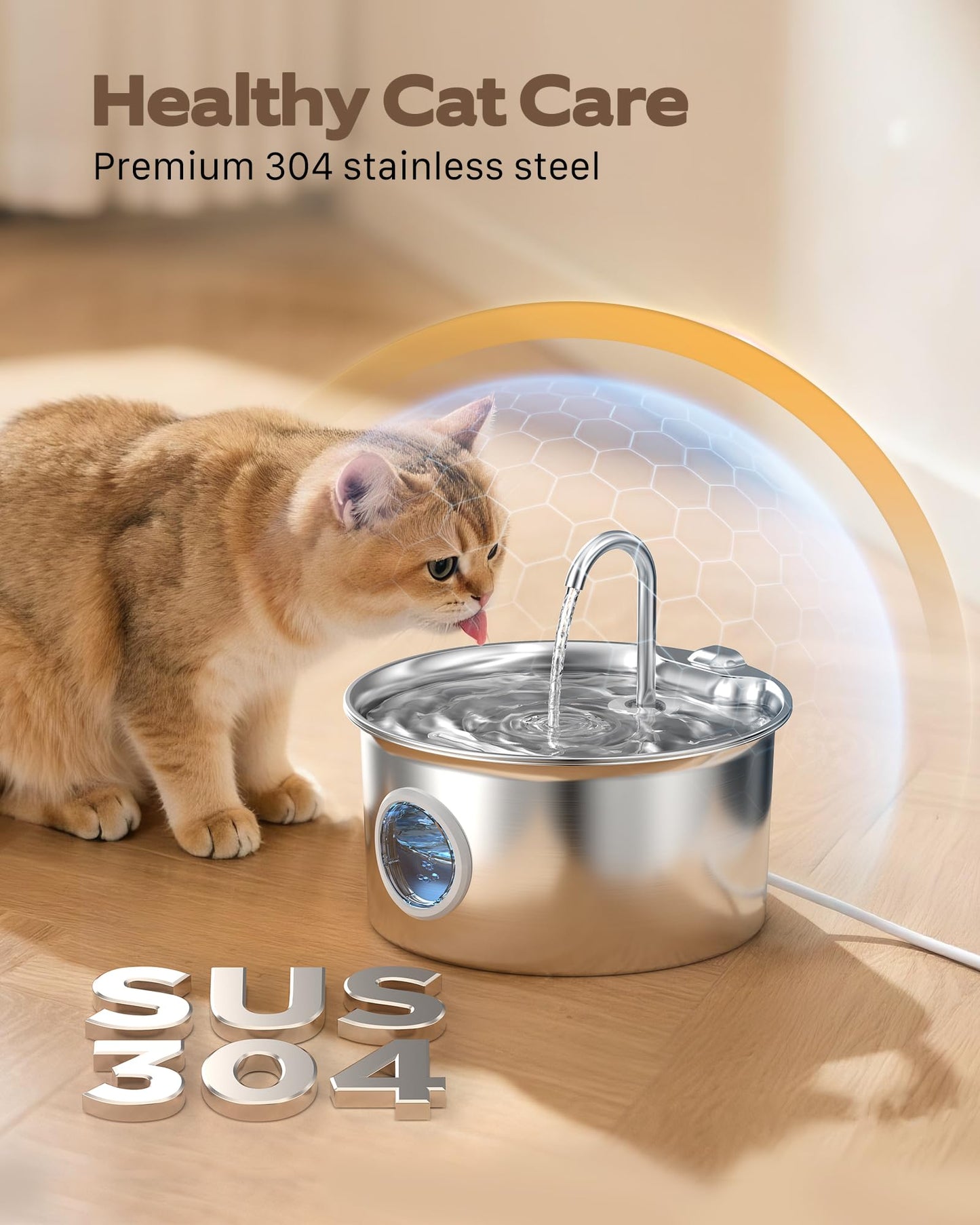 Stainless Steel Cat Water Fountain: Cat Fountain with 6 Filters + Bowl