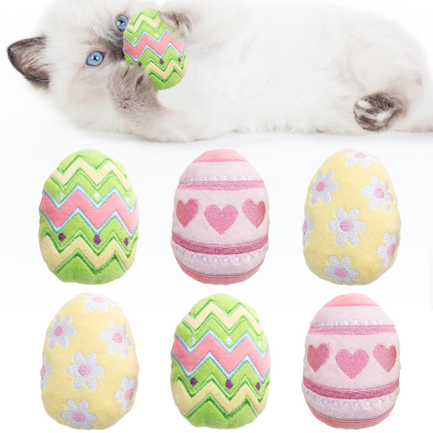 Jocomoni 6pcs Easter Catnip Toy，Indoor Easter Egg Shaped Cat Catnip