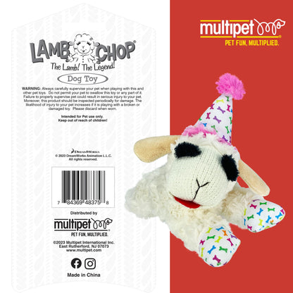Multipet Lamb Chop Dog Plush Toy w/Birthday Hat Squeaky Toy for Plush