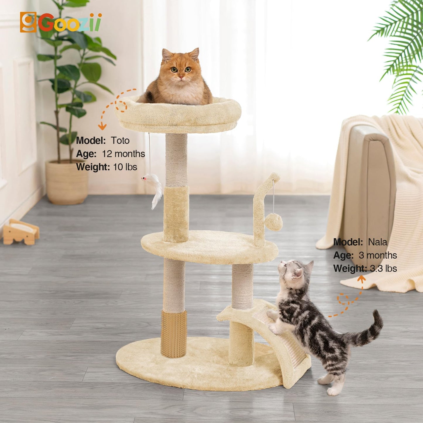 Goozii Large Cat Tree Tower with Scratching Post, Modern Kitten Bed