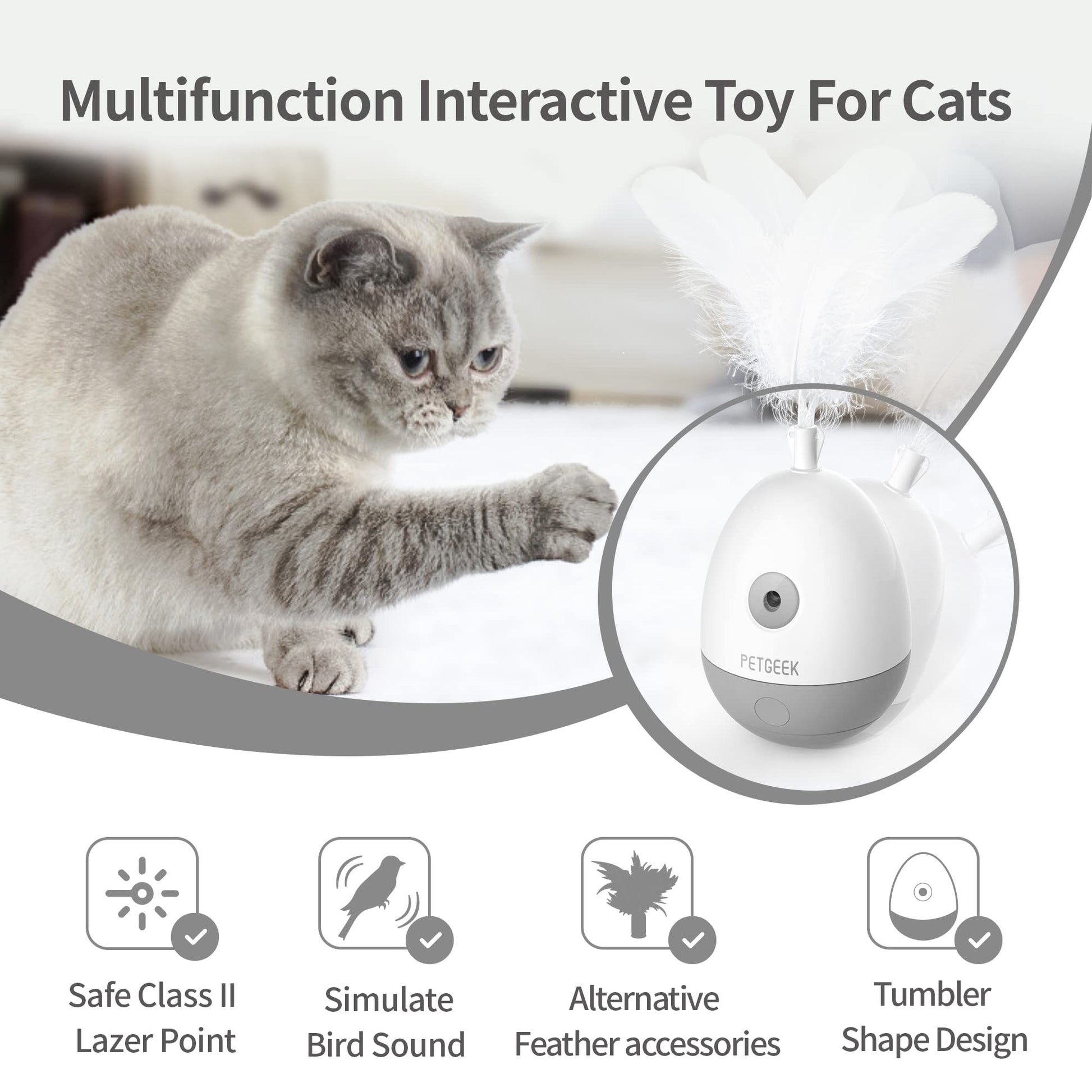 PETGEEK Interactive Cat Laser Pointer Toy with Bird Squeaky, Wand