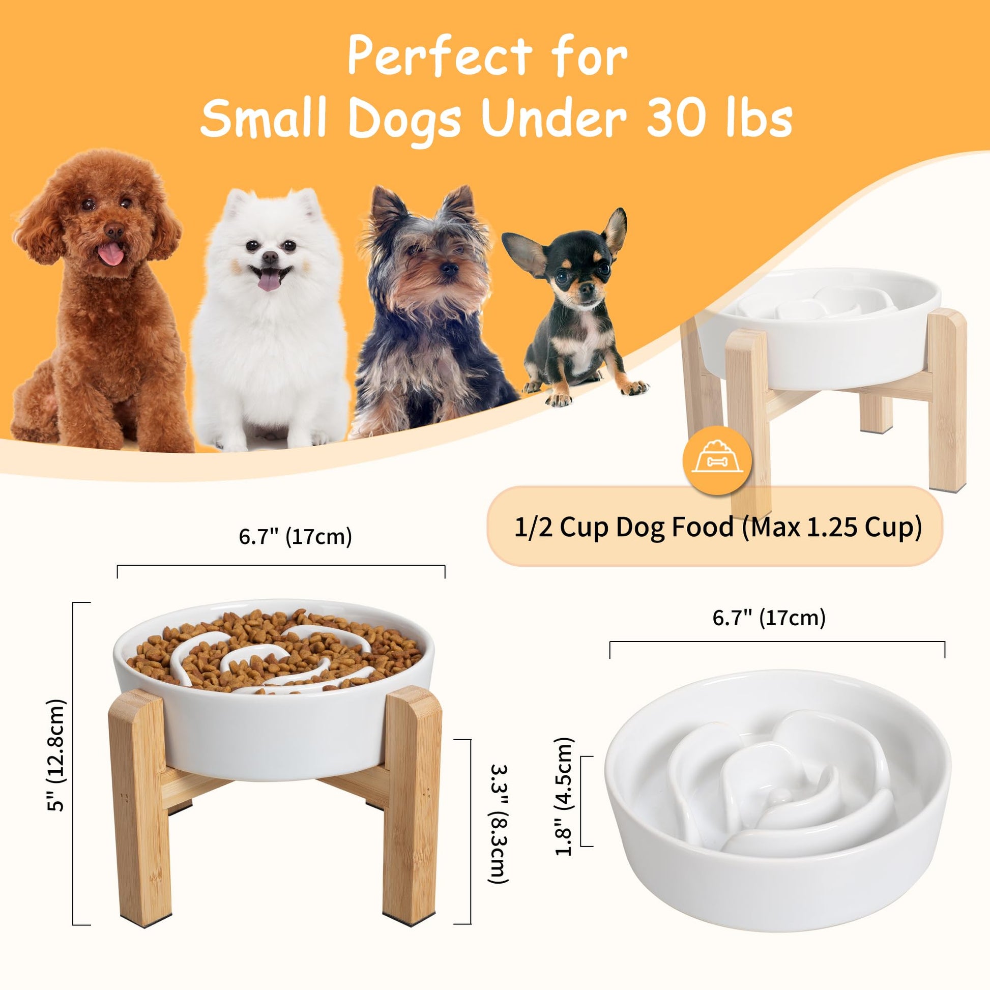 Elevated Slow Feeder Dog Bowl Ceramic Maze Food Dish with Bamboo Bowl