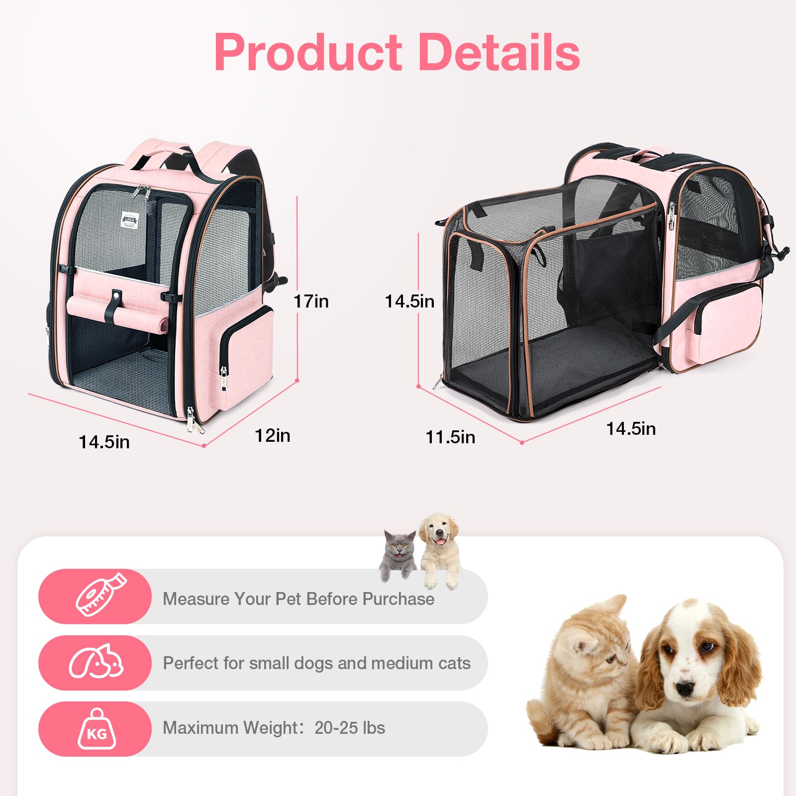 Lekebobor Large Cat Backpack Carrier Expandable Foldable Pet Carrier