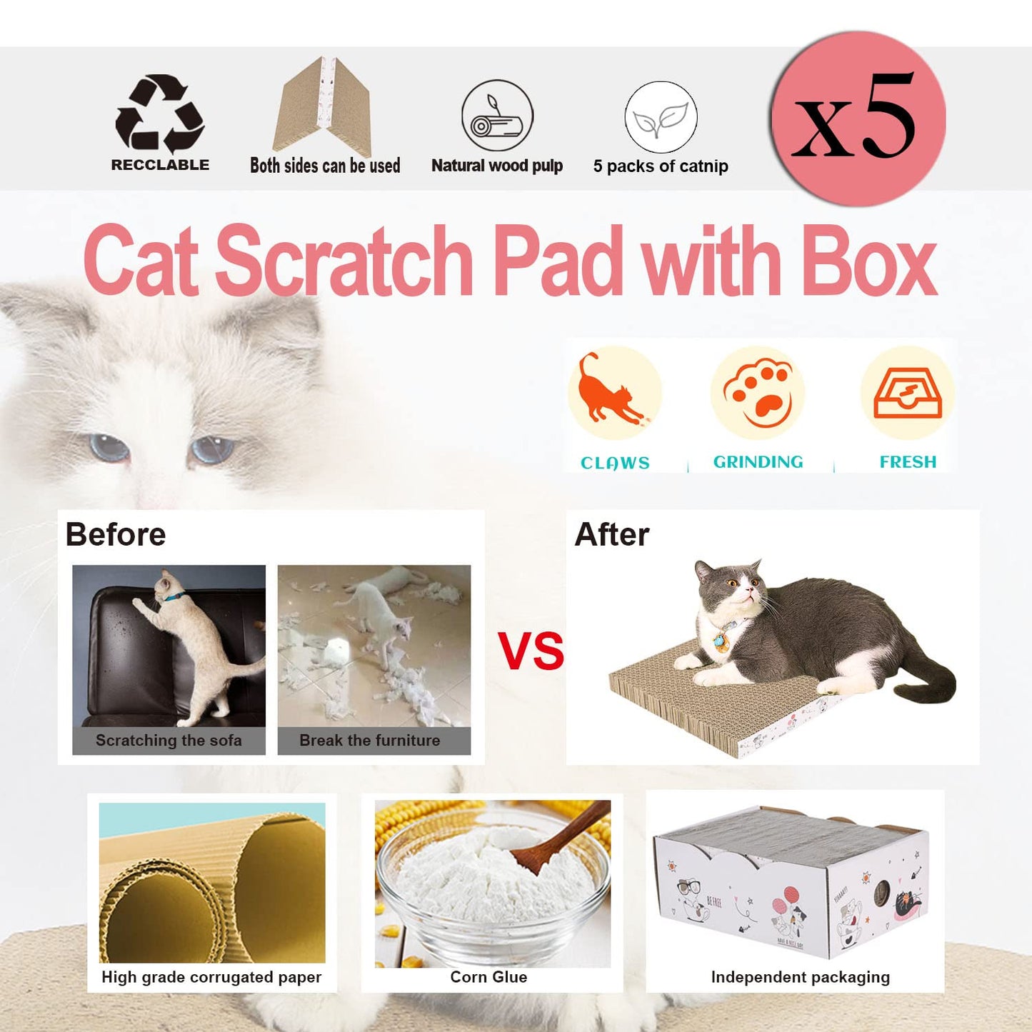 5 Packs in 1 Cat Scratch Pad with Box, Cat Scratcher