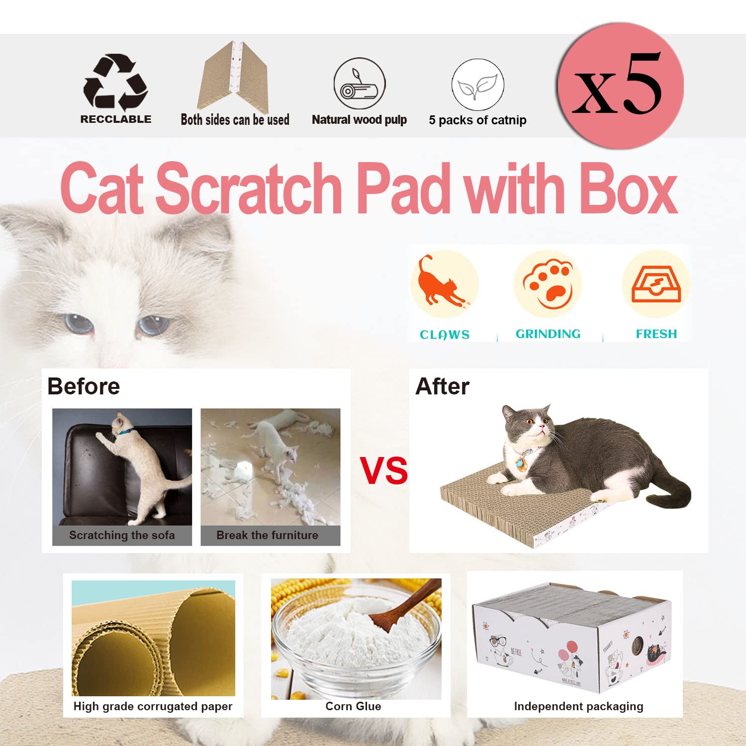 5 Packs in 1 Cat Scratch Pad with Box, Cat Scratcher