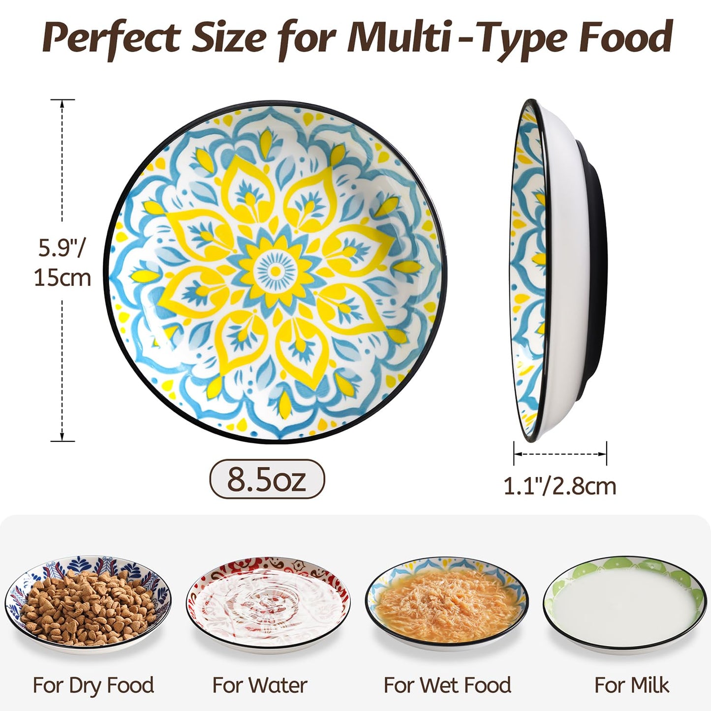 WROSWT Non-Slip Cat Bowl,Ceramic Cat Food Bowls with Silicone Set