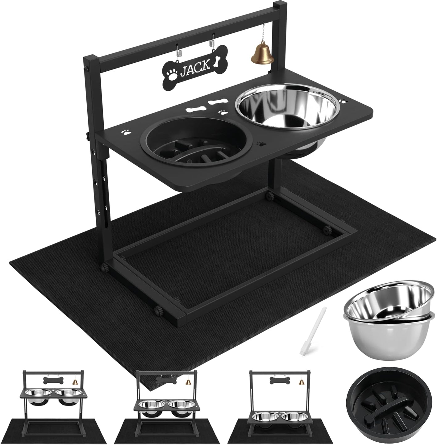 Elevated Dog Bowls with Slow Feeder and Spill Proof Mat, Mat