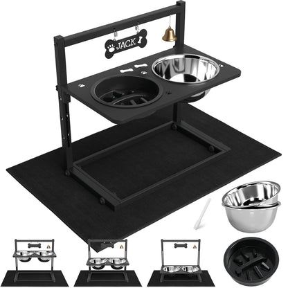 Elevated Dog Bowls with Slow Feeder and Spill Proof Mat, Mat