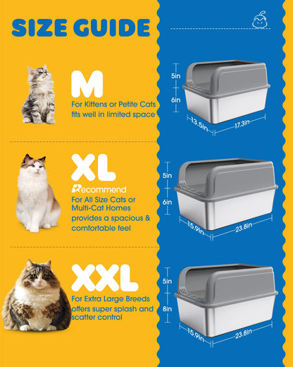 Powools Stainless Steel Cat Litter Box, Metal Litter Box with Box