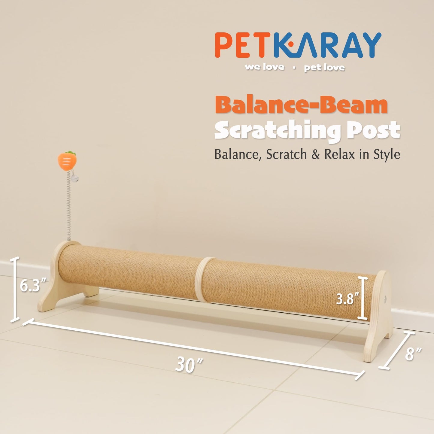 PETKARAY Horizontal Scratching Post, 30" Sisal Cat Scratch Post, Toy