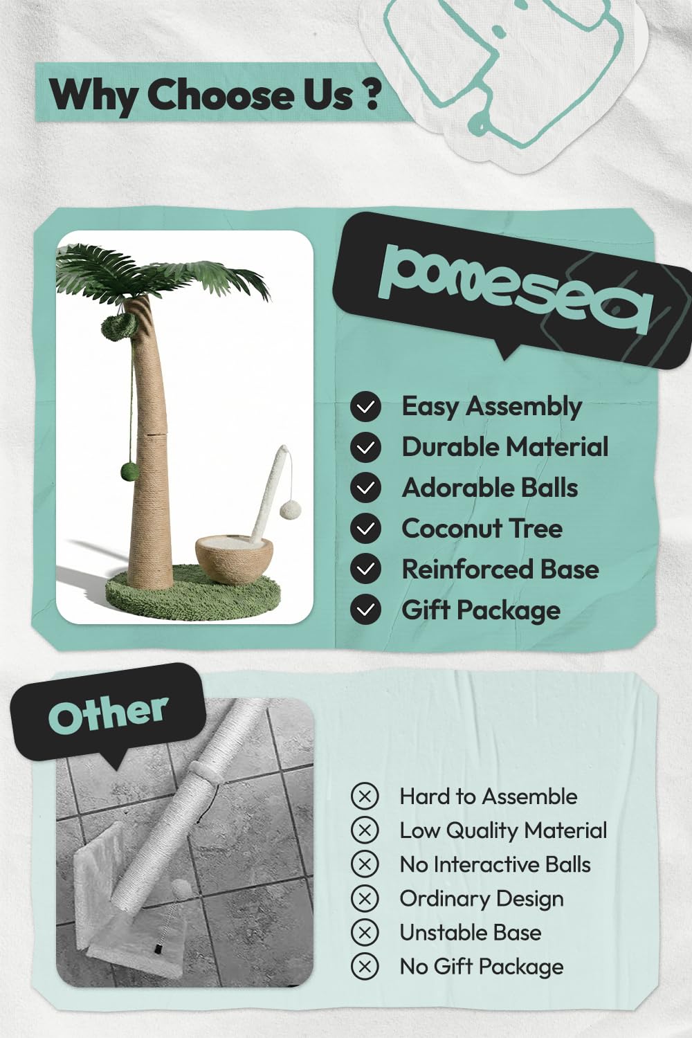 POMESEA 33" Tall Cat Scratching Post, Natural Jute Cat Scratcher Ball