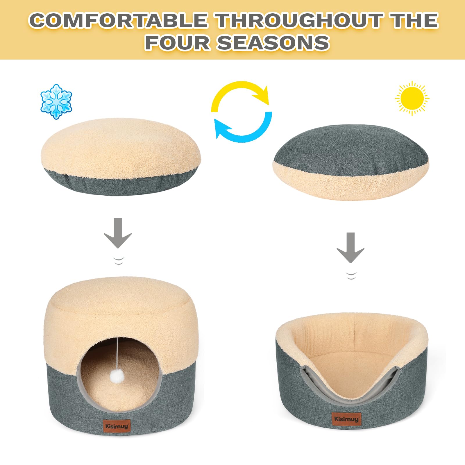 KISIMUY 2-in-1 Cat Cave Bed Lounger with Reversible Plush Cushion