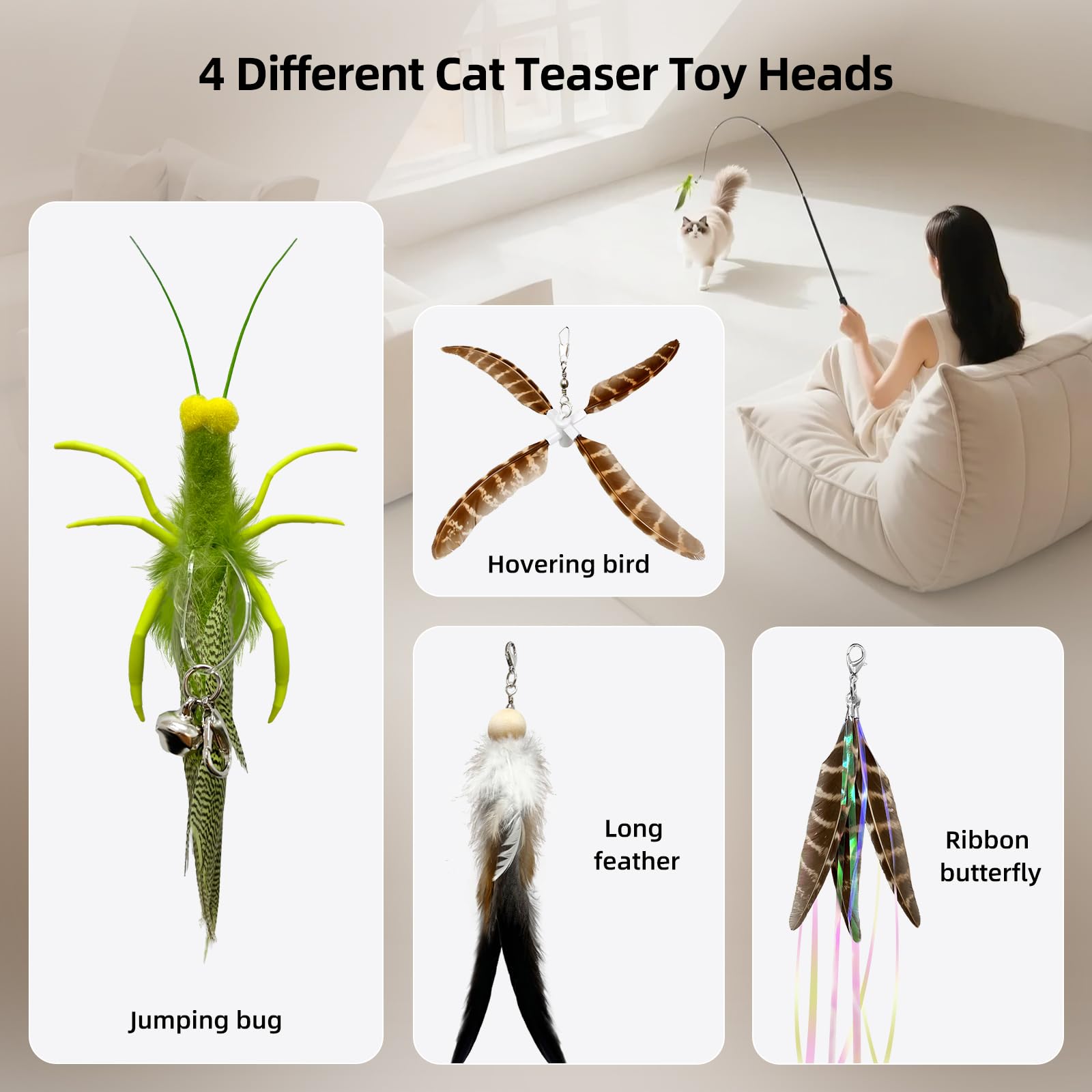 uahpet Natural Feather Cat Toy, Interactive Wand Toy for Indoor Wand