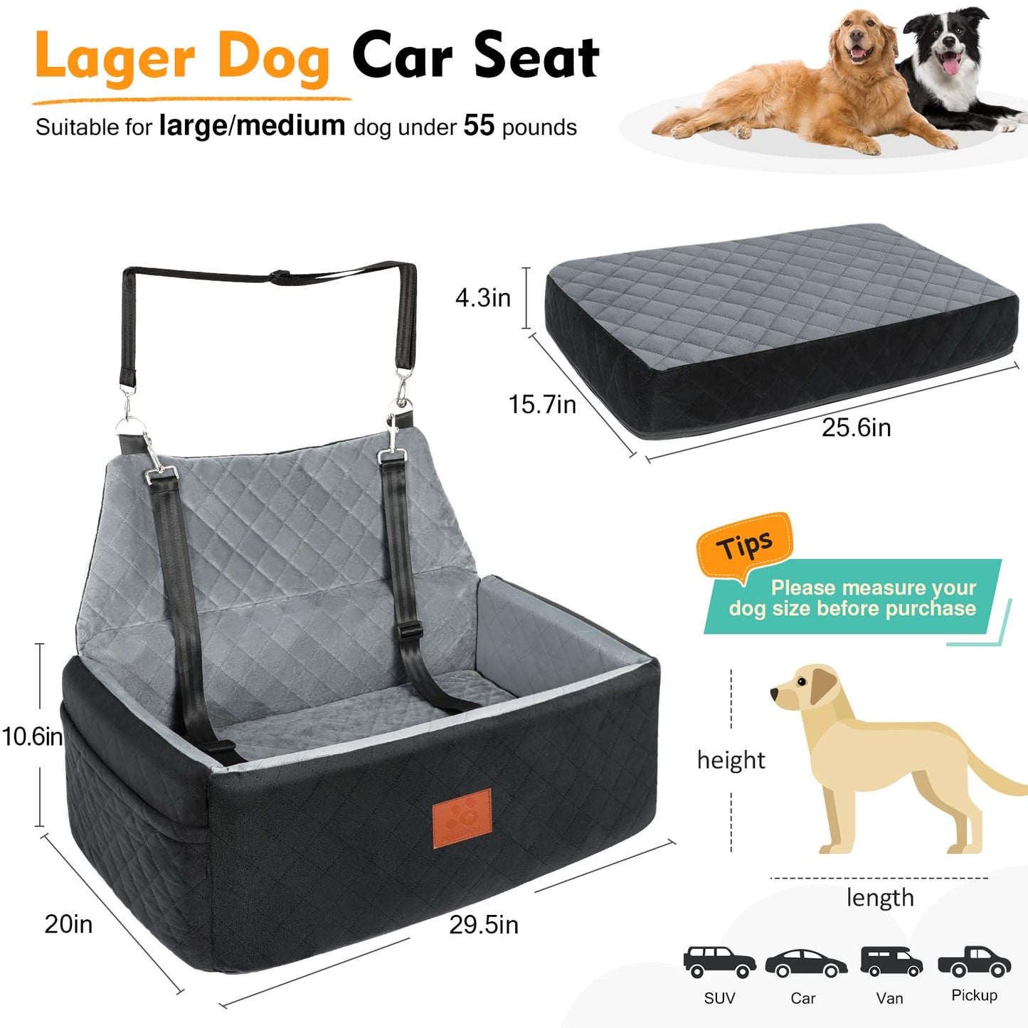 Dog Car Seat for Large Medium Dogs,Washable Pet CarSeat Under or Seat