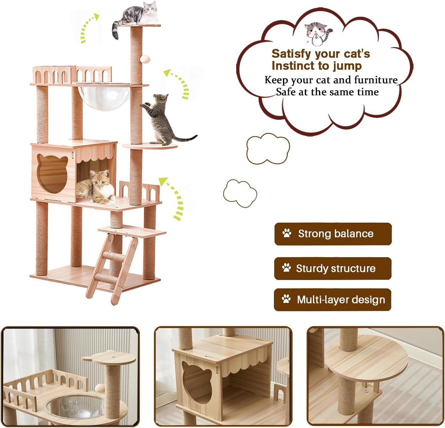 54-Inch Cat Tower,Multi-Level Pure Wood-Modern Cat Tree Tower Toy