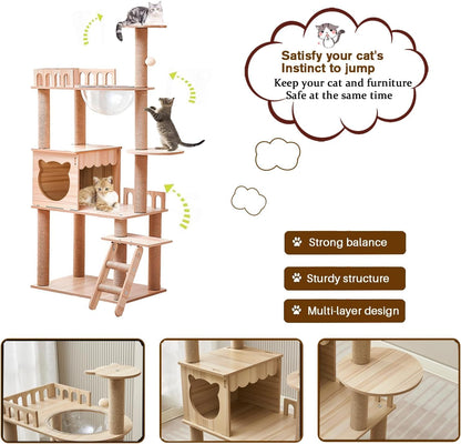 54-Inch Cat Tower,Multi-Level Pure Wood-Modern Cat Tree Tower Toy