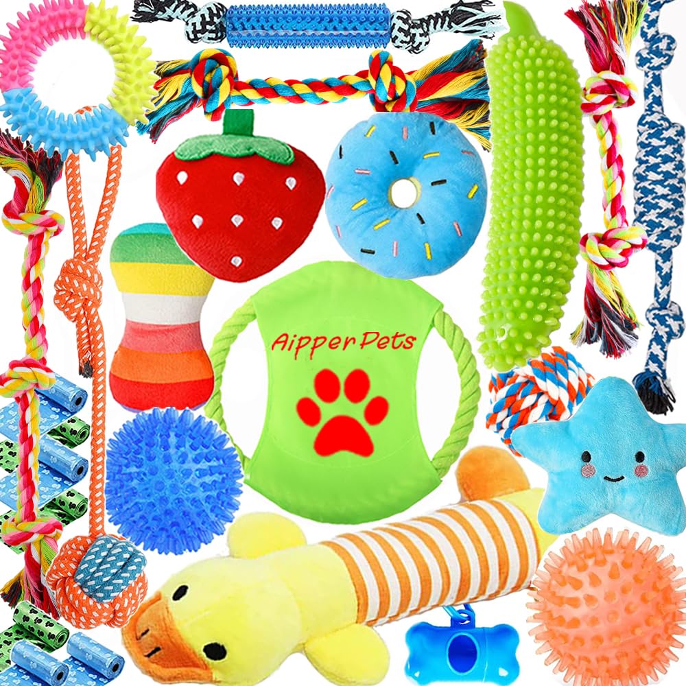 Aipper Dog Toys 25 Pack for Fun and Teeth Cleaning, Puppy Chew Toys