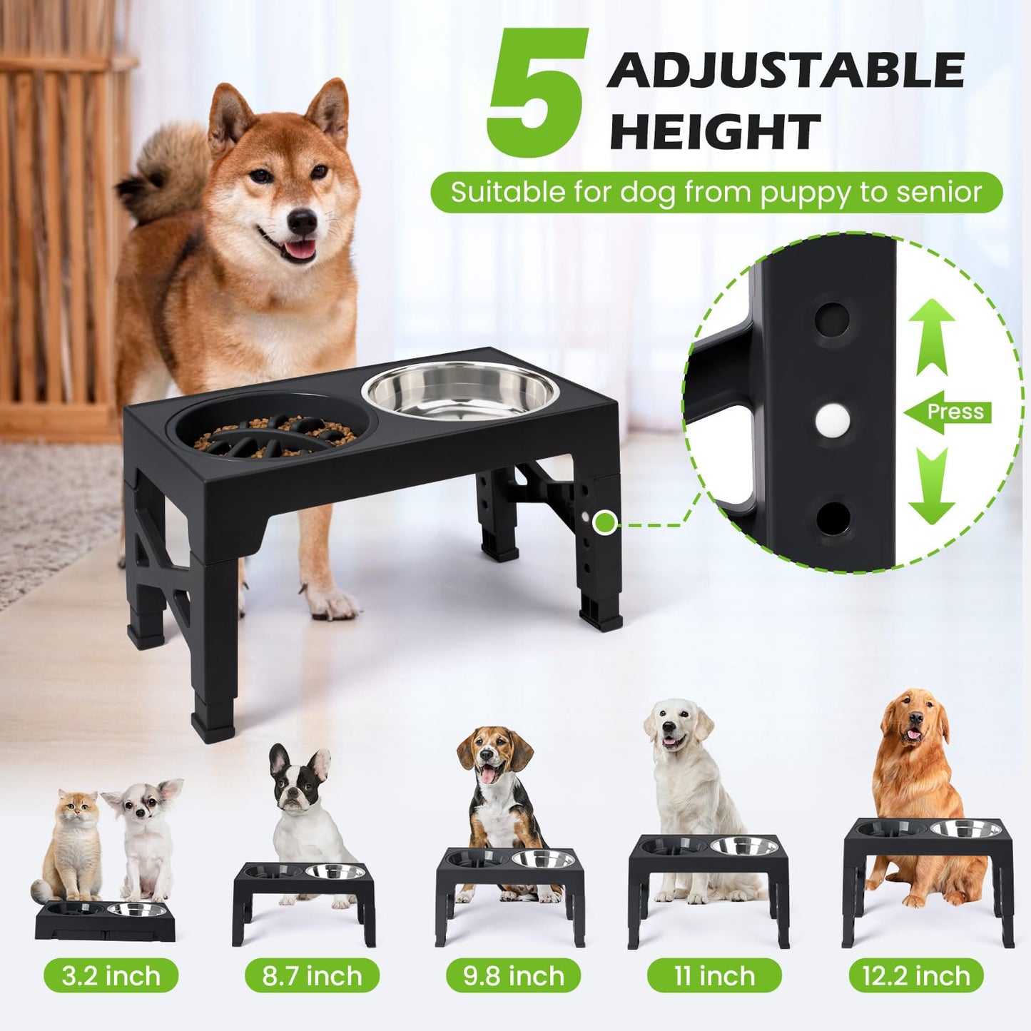 Heeyoo Elevated Dog Bowls 5 Adjustable Heights Stand, 2 Feeder